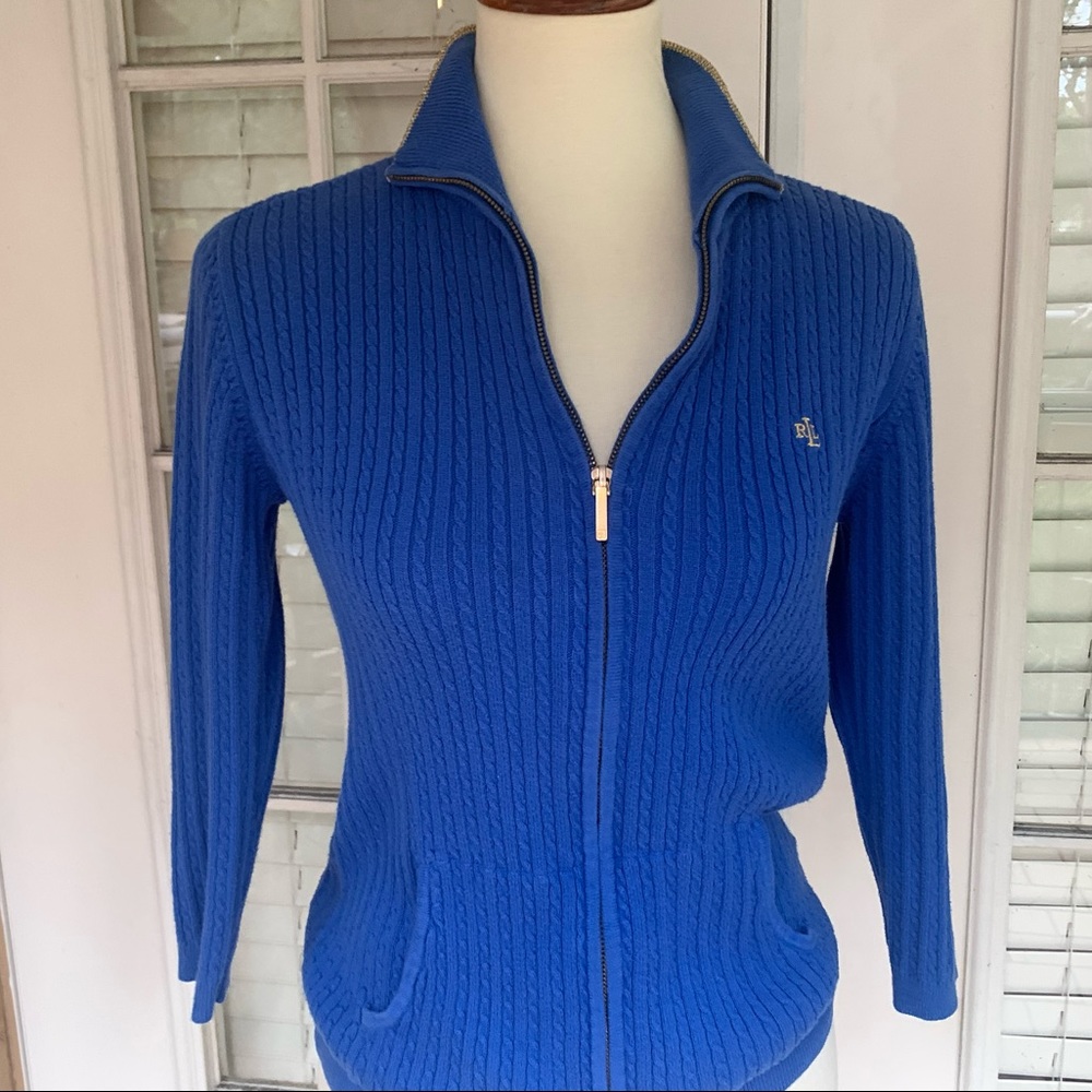 Ralph Lauren Royal Blue Quarter Sleeve Cable Knit zip up